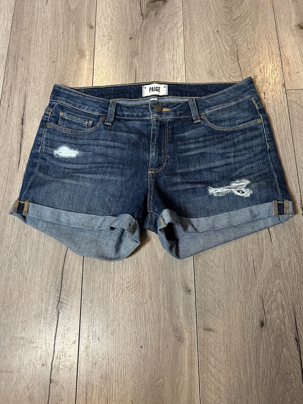 PAIGE Jimmy Jimy  Dark Blue Rolled Cuff Denim Shorts Size 28 Casual Comfort